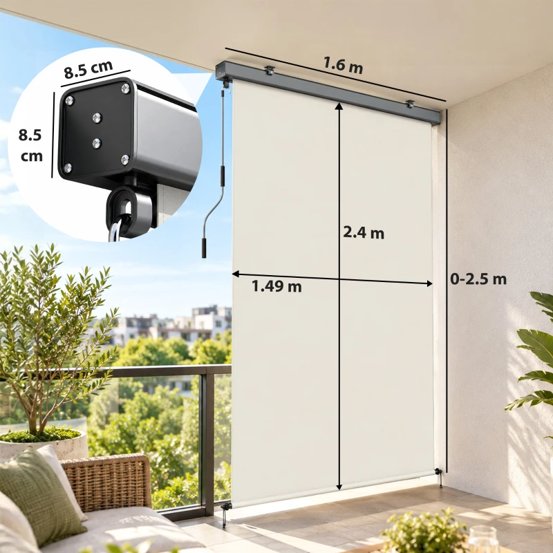 Outsunny Tenda a Rullo Avvolgibile in Poliestere Anti-UV con Cassetta in Alluminio e Manovella, 250x160 cm, Bianco Crema