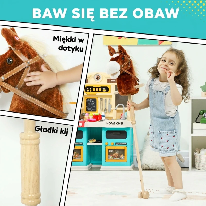 AIYAPLAY Konik na patyku dla dzieci z dźwiękami, uchwytami, kółkami, idealny do jazdy, dla dzieci 24+ miesięcy, Brązowy