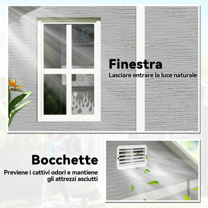 Outsunny Casetta da Giardino in Resina con Pavimento, 2 Porte con Blocco, Finestra, 1.8x1.8m, Grigio