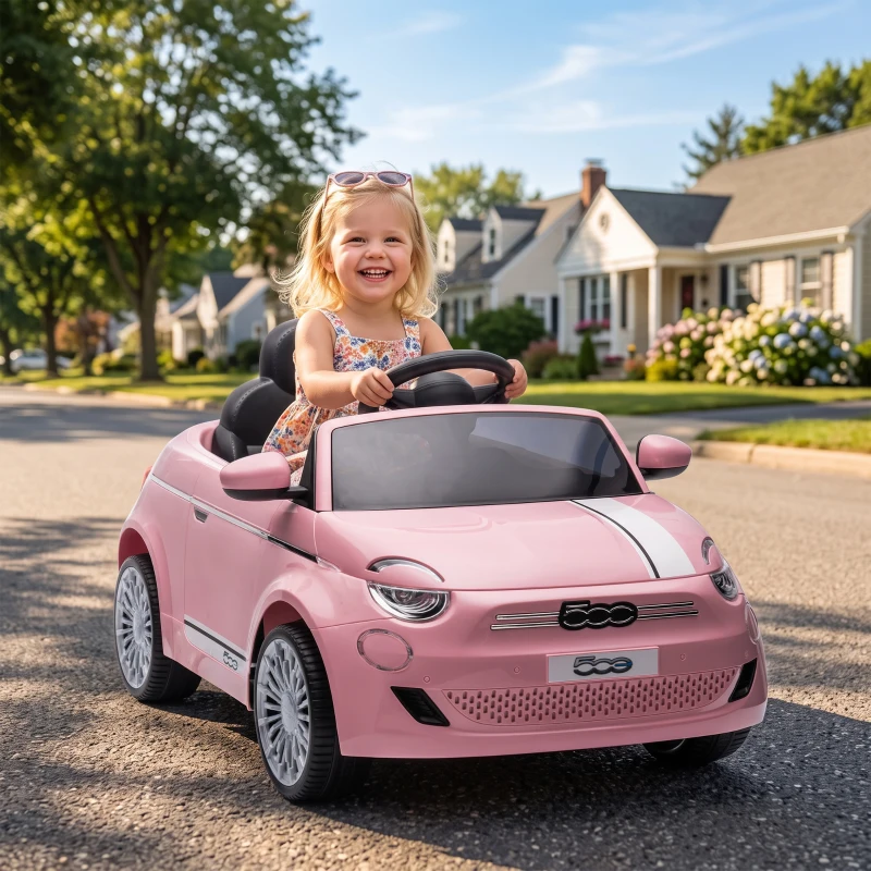 AIYAPLAY Macchina Elettrica per Bambini 12V Fiat 500, Batteria al Litio, 2 Motori, Telecomando, 3-6 Anni, Rosa