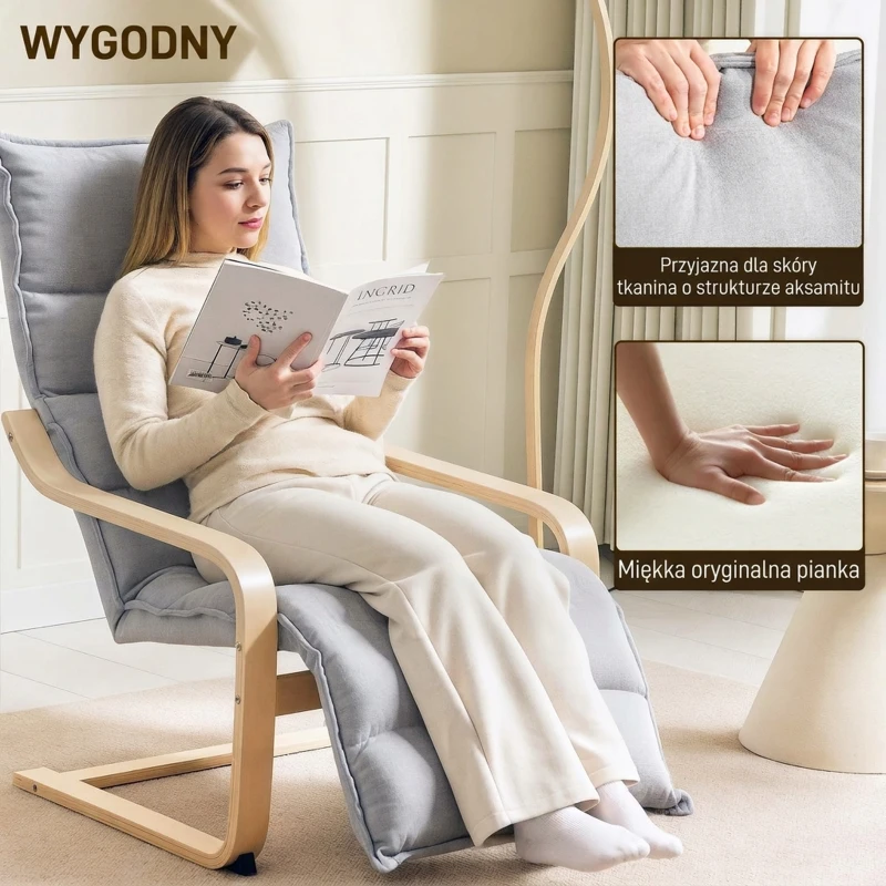 HOMCOM Birch Wood Lounge Chair, Upholstered Recliner Lounge Seat with Adjustable Footrest, Modern Armchair for Living Room, Bedroom, Balcony, Office, Light Grey