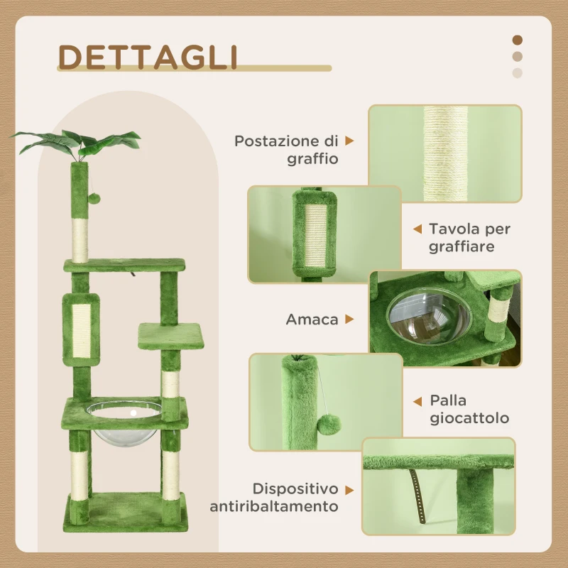 PawHut Albero per Gatti Multilivello con Amaca, Tiragraffi, Pallina e Foglie Decorative, 49x49x142 cm, Verde