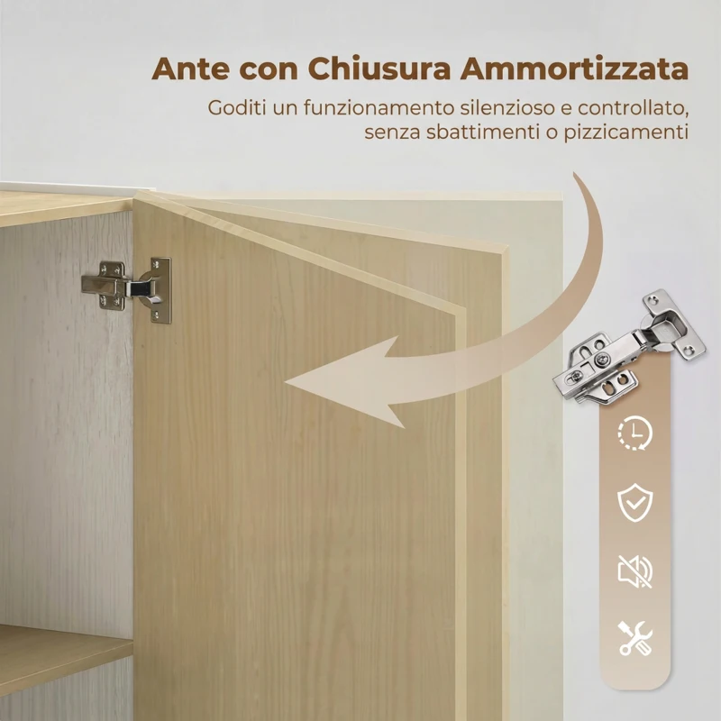 HOMCOM Credenza Cucina, Mobile Cucina a 6 Scomparti con Ante Soft Close per Soggiorno, Salotto, Bianco e Color Legno