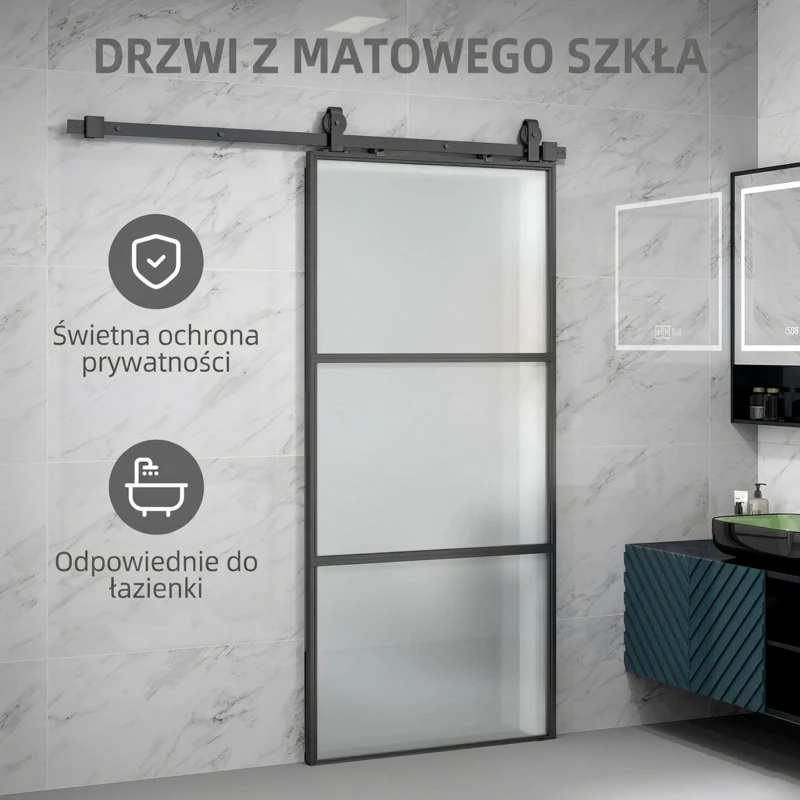 HOMCOM 91.4 x 203.2cm Sliding Door with 183cm Sliding Glass Door Hardware Kit Included Floor Guide & Soft Mechanism, Easy Assembly, Black