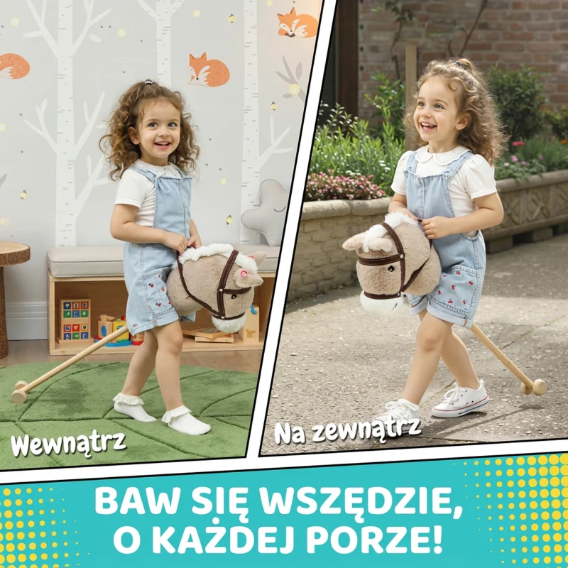 Konik na biegunach AIYAPLAY dla dzieci z dźwiękiem, kołami, drewnianym drążkiem, idealny na imprezy cosplay, dla dzieci 24+ miesięcy, szary