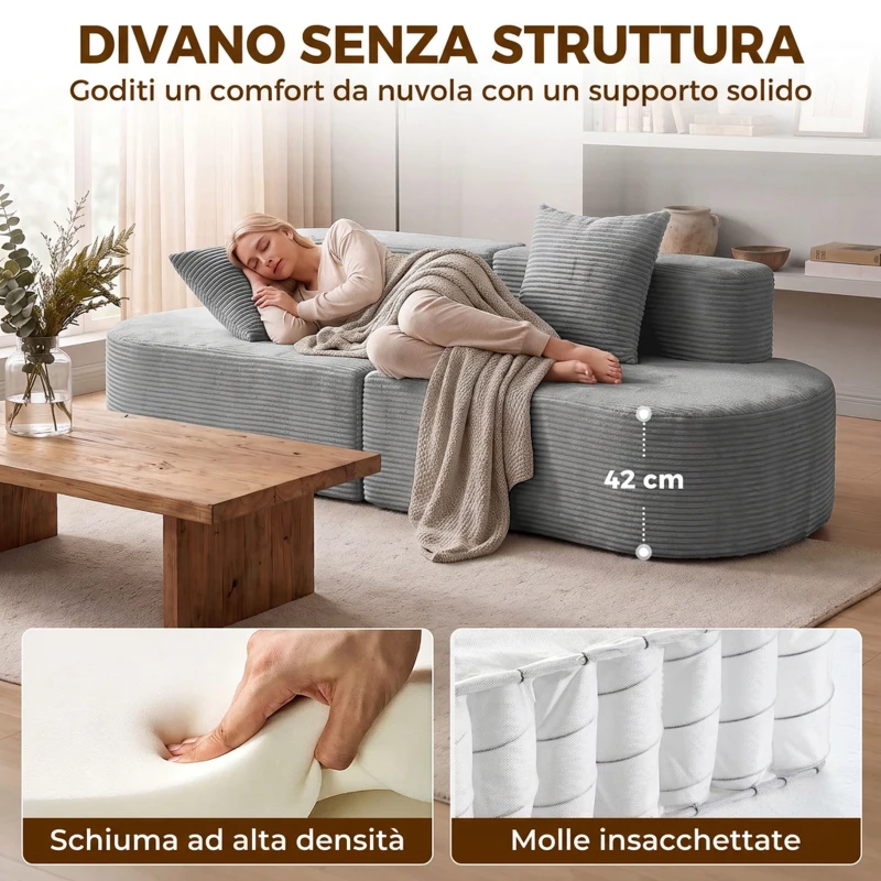 HOMCOM Divano 3 Posti Modulare, Seduta Ampia e Profonda, con Molle Insacchettate, in Velluto a Coste, Grigio Chiaro
