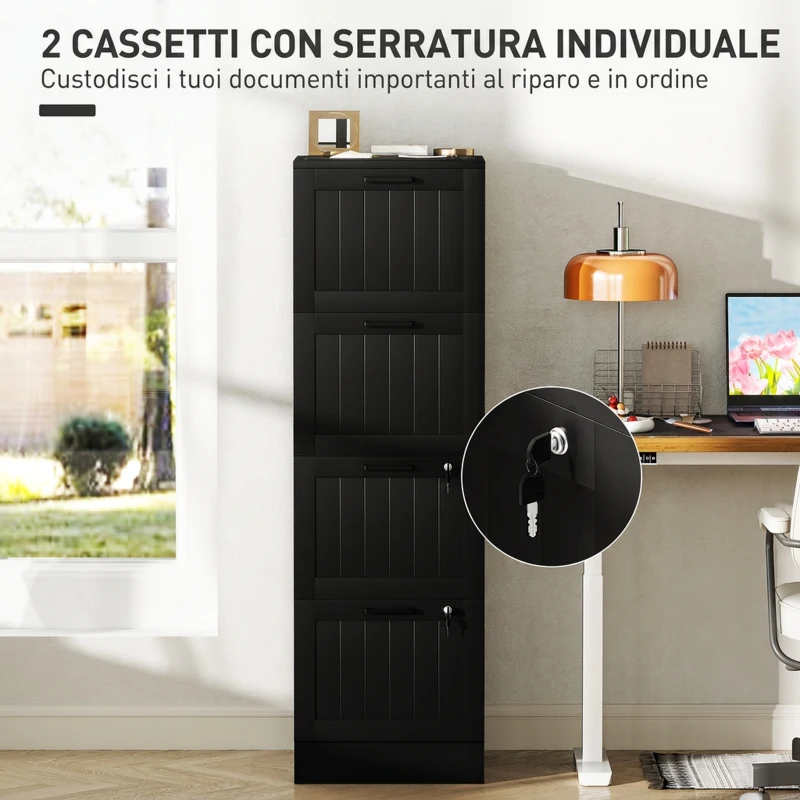 HOMCOM Cassettiera Portadocumenti a 4 Cassetti con Binario Regolabile e 2 Serrature, in Legno, 40x40x131 cm, Nero