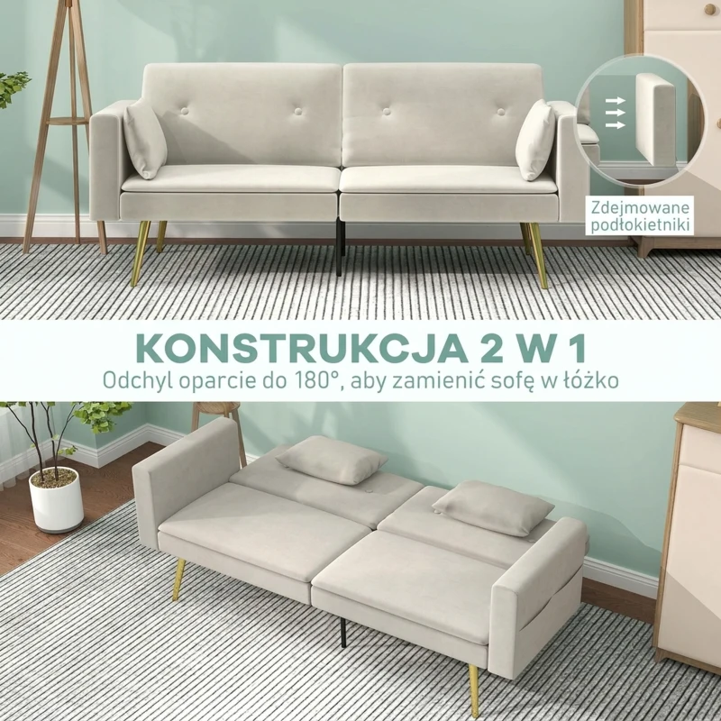 HOMCOM sofa 2 osobowa z funkcją spania regulowane oparcie miękkie poduszki pokrycie aksamitowe do salonu pokoju gościnnego Beżowy