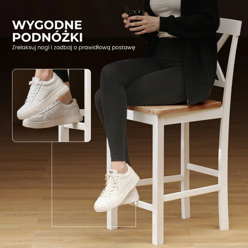 HOMCOM Zestaw 2 Krzeseł Barowych z Oparciem i Podnóżkiem, Drewno Kauczukowe, dla Kuchni, Jadalni, Baru, Dąb+Biały