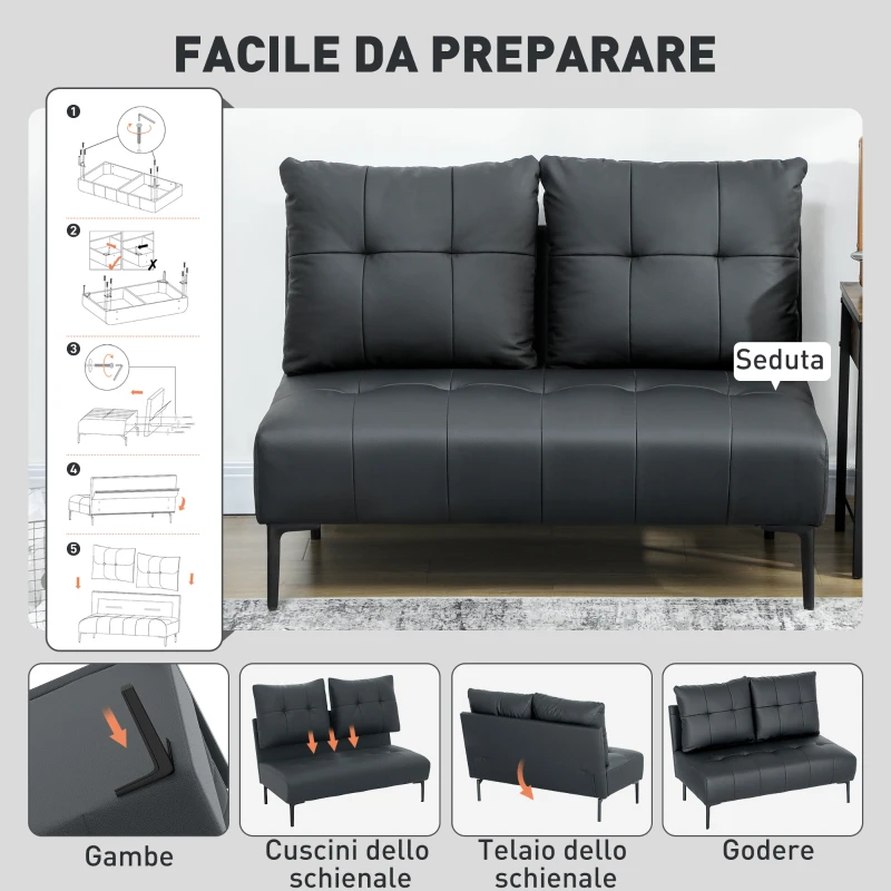 HOMCOM Divano 2 Posti in Finta Pelle Senza Braccioli e Trapuntato a Bottoni, 115x73x83 cm, Nero
