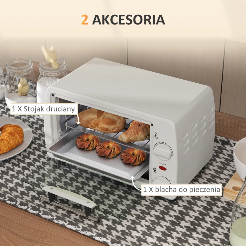 HOMCOM Minipiekarnik Toaster, 1 Blacha, 1 Ruszt, Pojemność 10 L, Funkcja Timera, 36,5 cm x 26 cm x 22 cm, Kremowy