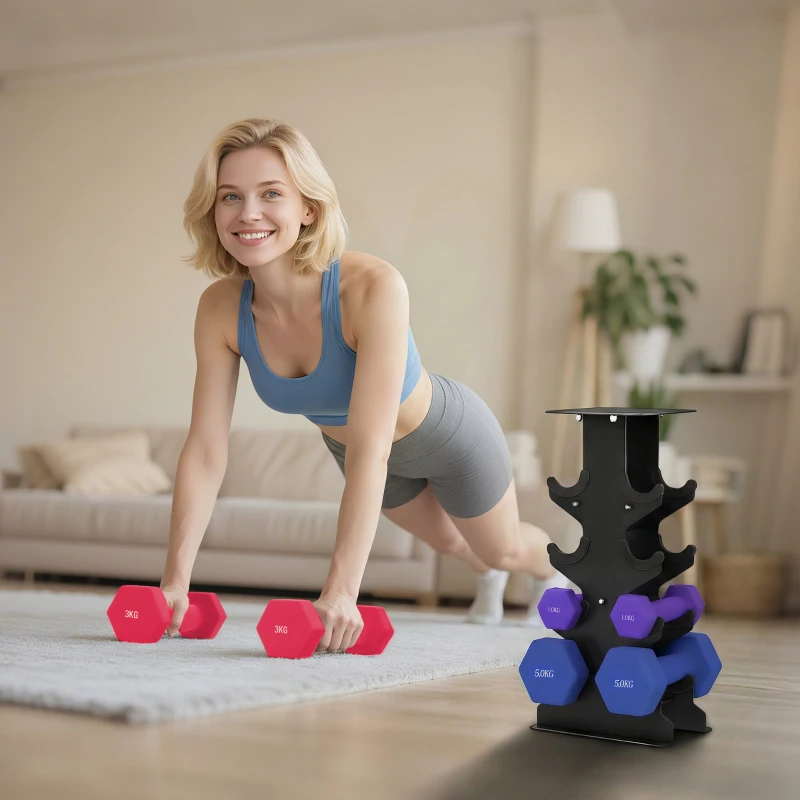SPORTNOW Zestaw hantli 3 pary z stojakiem, antypoślizgowe uchwyty, 1-5 kg, heksagonalny