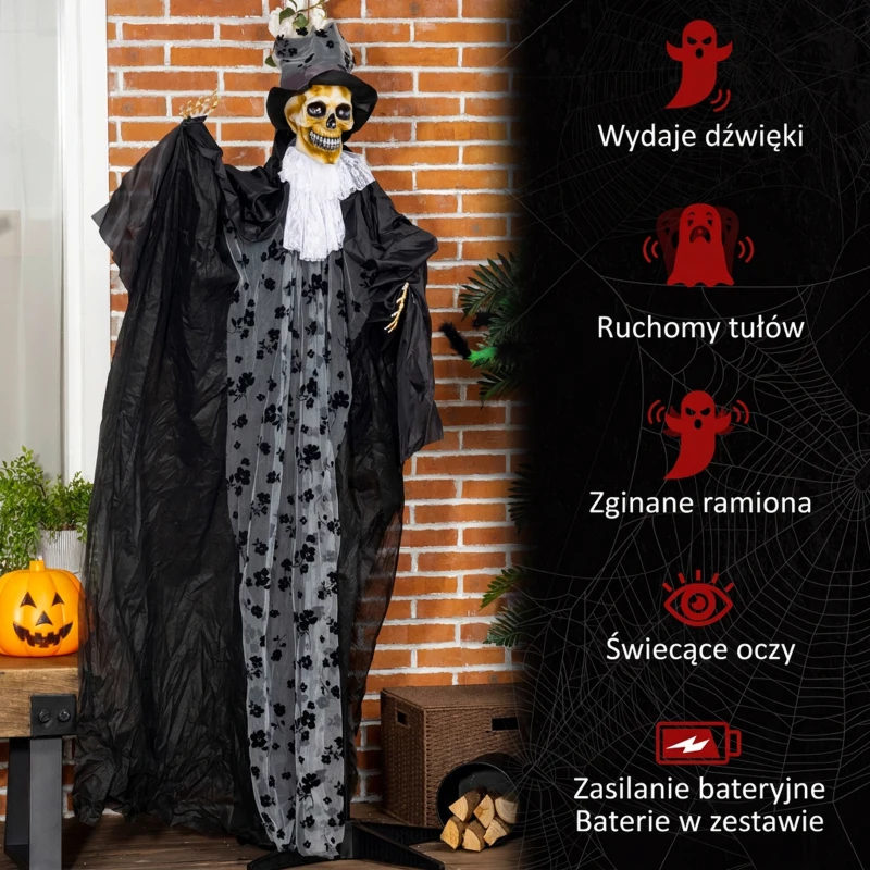 Outsunny 183cm Dekoracja Halloween Ruchomy Duch Pana Młodego w Naturalnej Wielkości z Szkieletem, Miga Oczami i Efektami Specjalnymi oraz Funkcją Dźwiękową