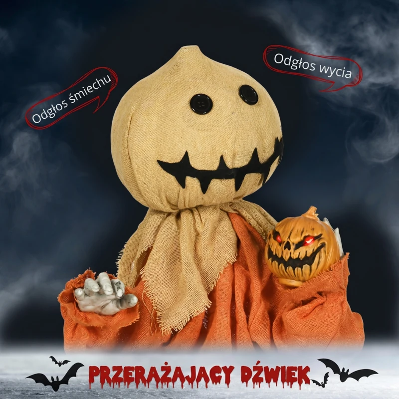 HOMCOM Dekoracja na Halloween 77cm Strach na Wróble z Czerwonymi Świecącymi Oczami, Funkcja Dźwięku, Dekoracja na Halloween z Czujnikiem Ruchu i Dźwięku, Śmiechem, Ruchomymi Ramionami i Rękami