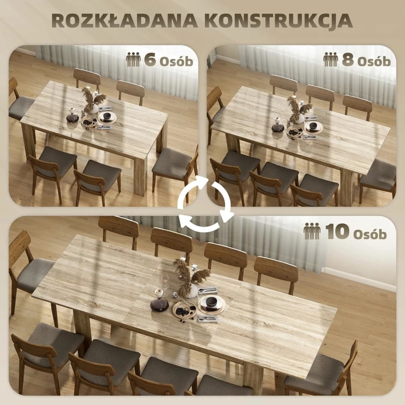 Rozkładany stół HOMCOM 180-260 x 90 cm, stół kuchenny dla 8-10 osób, nowoczesny stół do małych przestrzeni, jadalnia, dąb