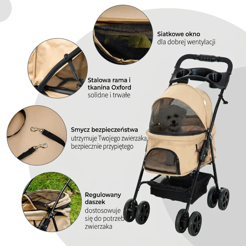 Wózek dla psa i kota PawHut, mały, khaki, wygodny
