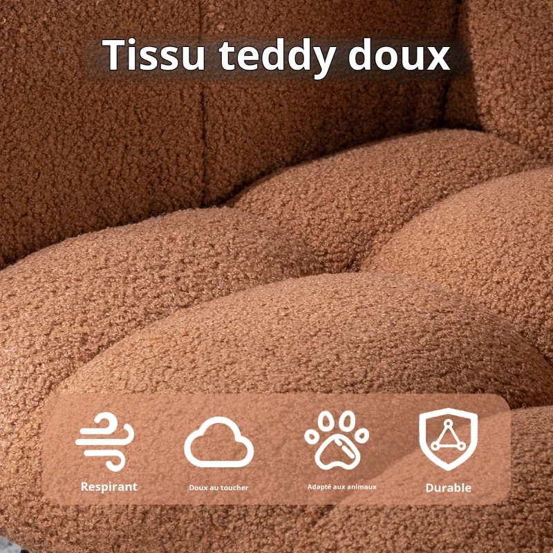 Fauteuil à bascule en tissu teddy, avec poche, dossier enveloppant et base en bois massif, pour salon ou chambre d’enfant, Marron