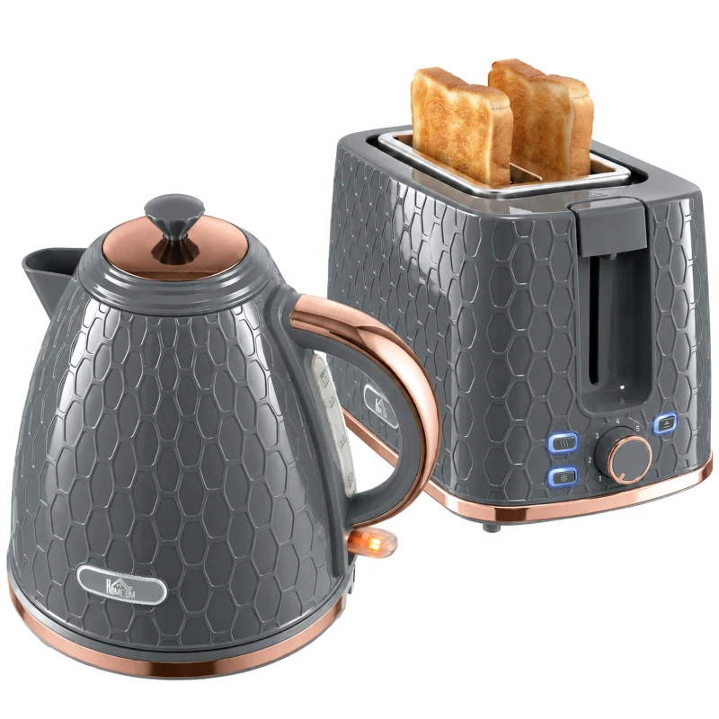 HOMCOM 1.7L 3000W Fast Boil Kettle & 2 Slice Toaster Set, Kettle and Toaster Set with Auto Shut Off, Browning Controls, Grey