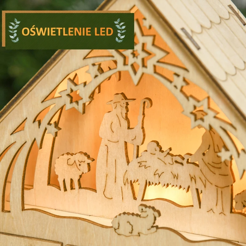 HOMCOM Kalendarz Adwentowy z Oświetleniem LED, 24 Szuflady, Scena Bożonarodzeniowa, 26,6x6x30 cm, Motyw Drewna