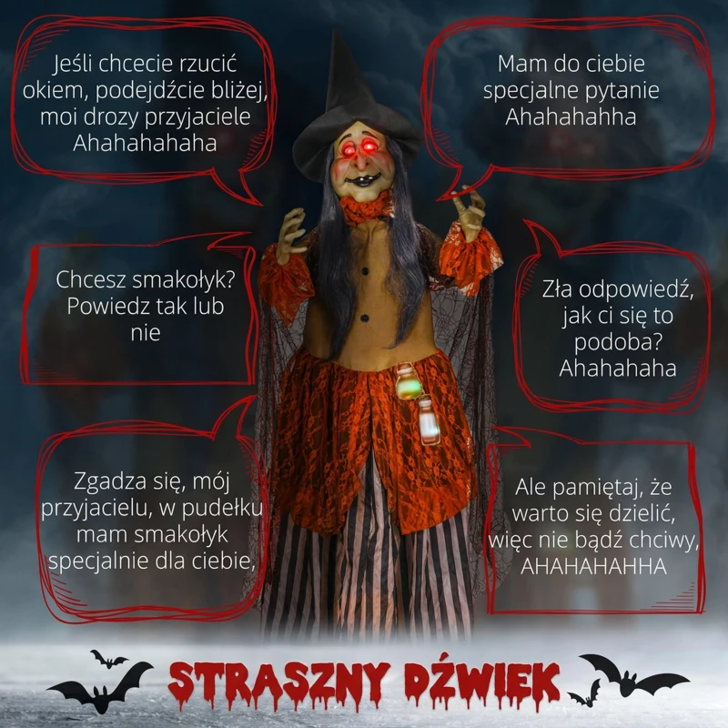 Dekoracja Halloween 183 cm, Czarownica z LED i dźwiękiem