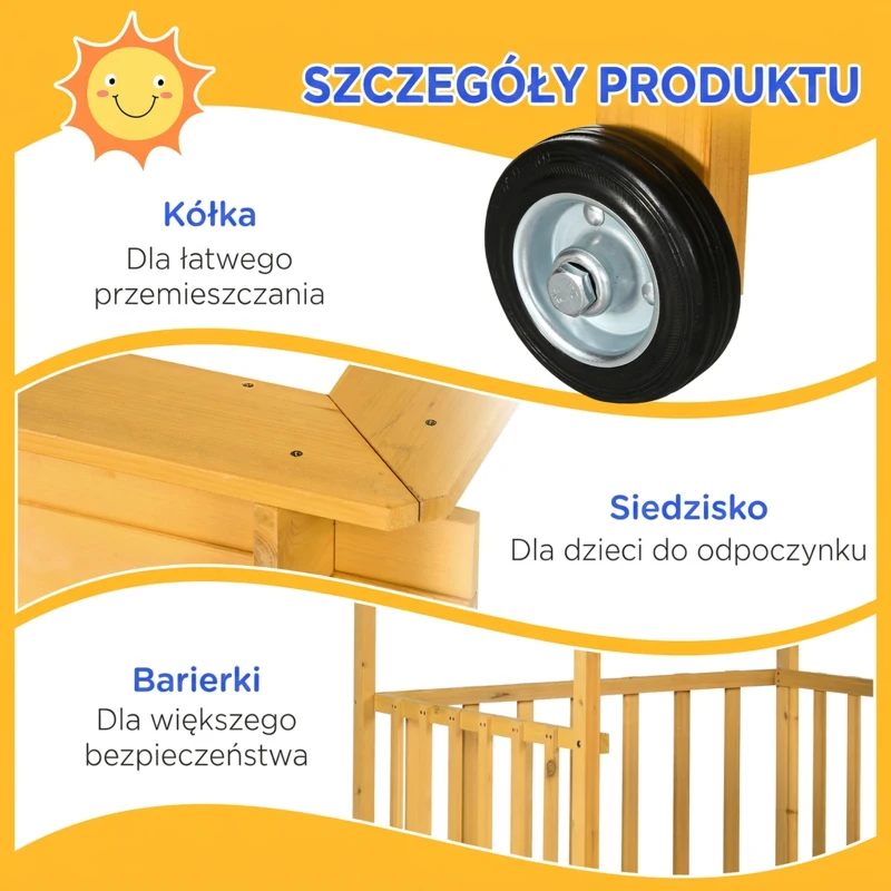 Outsunny Piaskownica z Dachem, Piaskownica z Drewna z Domek do Zabawy, 133 x 129 x 137,5 cm Piaskownica z Kołami dla Dzieci 3-8 Lat, Ogród, Naturalne