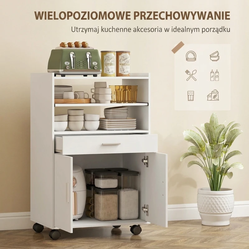 HOMCOM Szafka kuchenna na kółkach, regał na mikrofalówkę z dwudrzwiową szafką, szufladą, biała