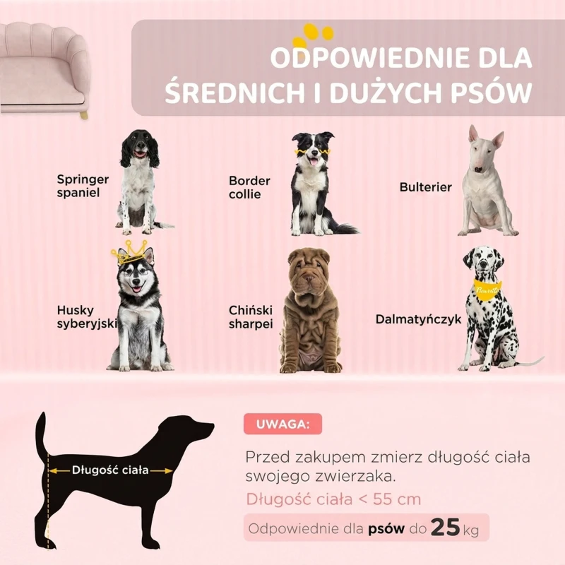 Sofa dla psa, z oparciem i drewnianymi nogami, Różowe
