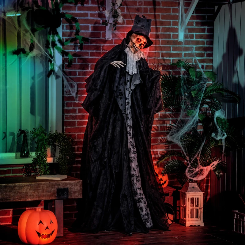 Outsunny 183cm Dekoracja Halloween Ruchomy Duch Pana Młodego w Naturalnej Wielkości z Szkieletem, Miga Oczami i Efektami Specjalnymi oraz Funkcją Dźwiękową