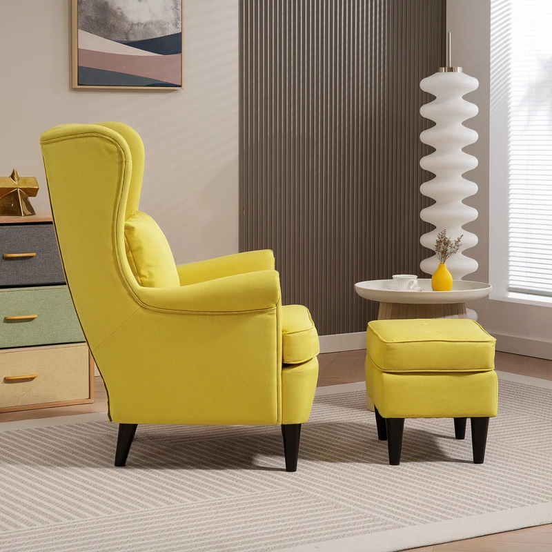 HOMCOM Poltrona con Poggiapiedi in Stile Contemporaneo, in Tessuto Effetto Lino e Legno di Caucciù, 75x83x104 cm, Giallo