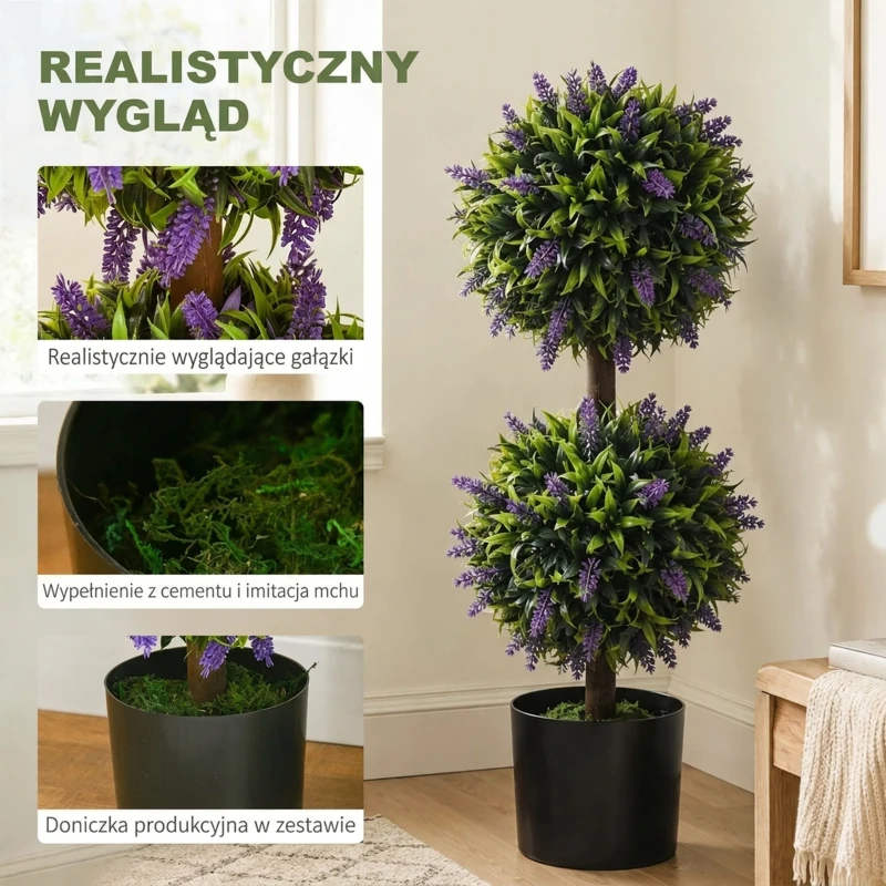 Sztuczne Rośliny HOMCOM w Zestawie 2 szt., UV-odporne Sztuczna Roślina w Donicy, 70 cm Drzewko z Lawendą do Salonu, Ogrodu