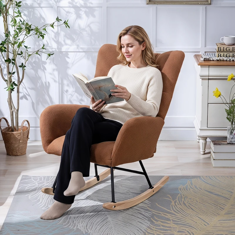 Fauteuil à bascule en tissu teddy, avec poche, dossier enveloppant et base en bois massif, pour salon ou chambre d’enfant, Marron
