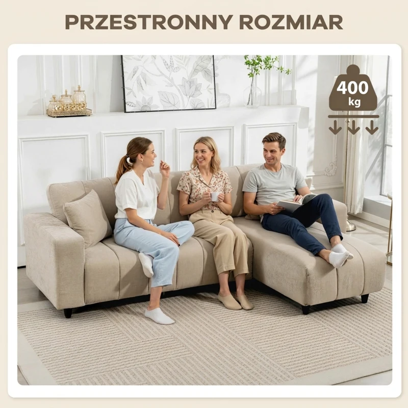 Narożna Sofa HOMCOM z Zmiennym Narożnikiem, Zintegrowane Siedzisko, Duża 3-osobowa Sofa w Kształcie Litery L z Sprężynowym Siedziskiem, 2 Poduszki, Stalowa Rama, Sofa do Salonu, Kolor Beżowy