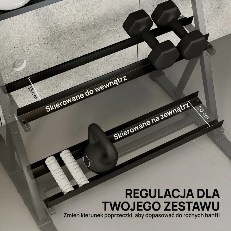 SPORTNOW Regulowany Trójpoziomowy Stojak na Hantle Max. 200 kg Antypoślizgowy Stojak na Krótkie Hantle z Regulowanymi Poprzeczkami