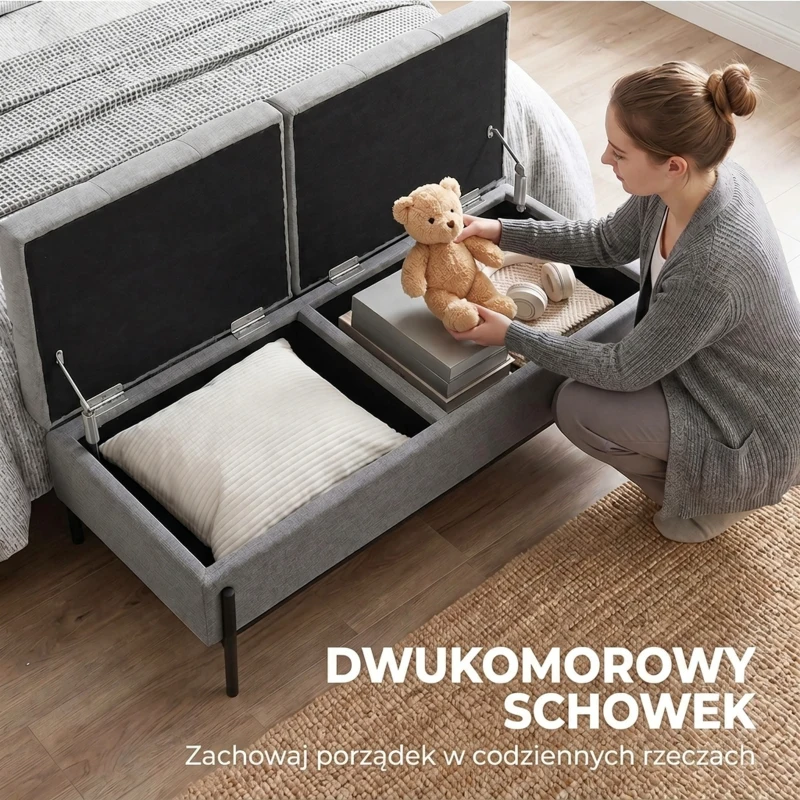 HOMCOM Ławka z pojemnikiem, tapicerowana skrzynia na łóżko z 2 przegrodami, składanymi pokrywami i wyjątkowo grubym siedziskiem, 117 x 50 x 44 cm