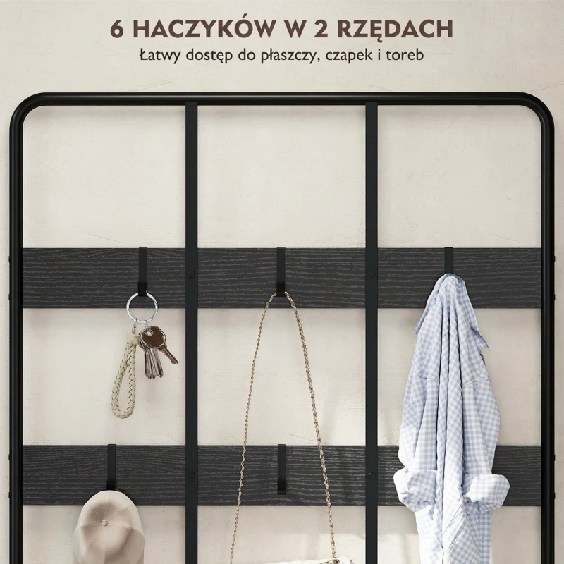 HOMCOM Wieszak na ubrania 3 w 1 z ławką i wieszakiem na buty, wolnostojący wieszak na ubrania z ławką na buty i 6 haczykami do przedpokoju, przedpokoju, salonu, czarny
