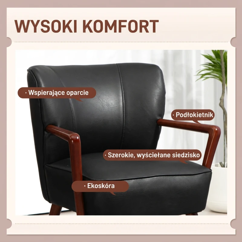 HOMCOM Fotel tapicerowany z podłokietnikami, drewniane nogi, czarny