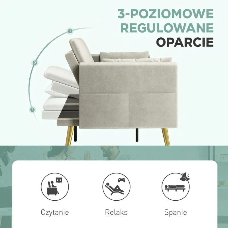 HOMCOM sofa 2 osobowa z funkcją spania regulowane oparcie miękkie poduszki pokrycie aksamitowe do salonu pokoju gościnnego Beżowy