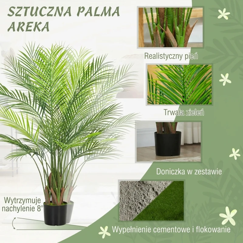 HOMCOM Decorative Artificial Plant, 120cm UV Resistant Faux Areca Palm Tree with Plastic Pot and Flocking, Fake Plant for Indoor Outdoor Decor, Green
