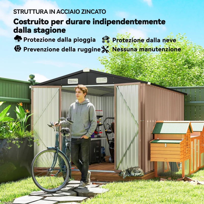Outsunny Capanno da Giardino in Metallo 364 x 238 cm con 4 Prese d'Aria e Porte Doppie con Serratura, Marrone