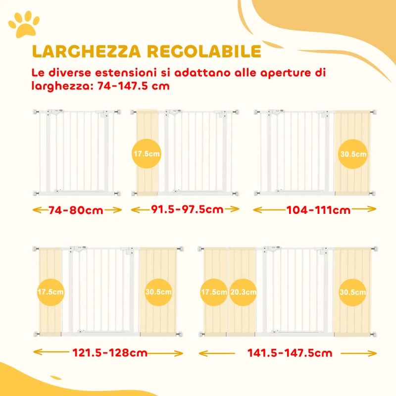 PawHut Cancellino per Cani a 3 Estensioni con Larghezza Regolabile 74-148 cm e Chiusura Automatica, Bianco