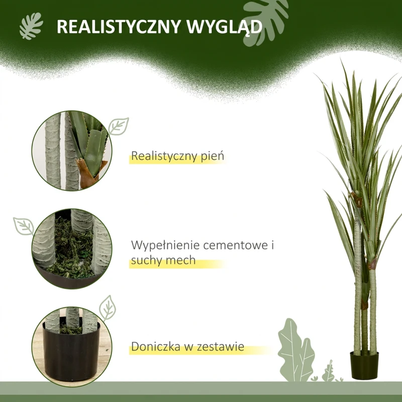 HOMCOM Sztuczna yucca duża 190 cm, roślina sztuczna z plastiku w donicy, 17 x 17 x 190 cm Szmaragdowy