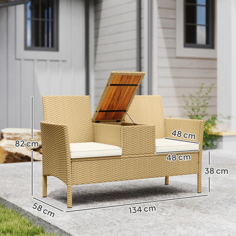 Outsunny Panca da Giardino con Tavolino a Ribalta Portaoggetti, in Rattan e Acciaio, 134x58x82 cm, Crema e Cachi