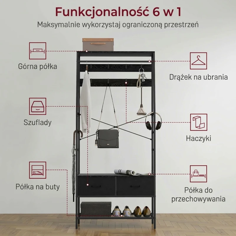 HOMCOM Wieszak na ubrania z półką na buty, 2 szuflady z materiału, garderoba z 8 haczykami, półka, wieszak na kurtki z zabezpieczeniem przeciwwypadowym, dla wejścia, korytarza, sypialni, czarny