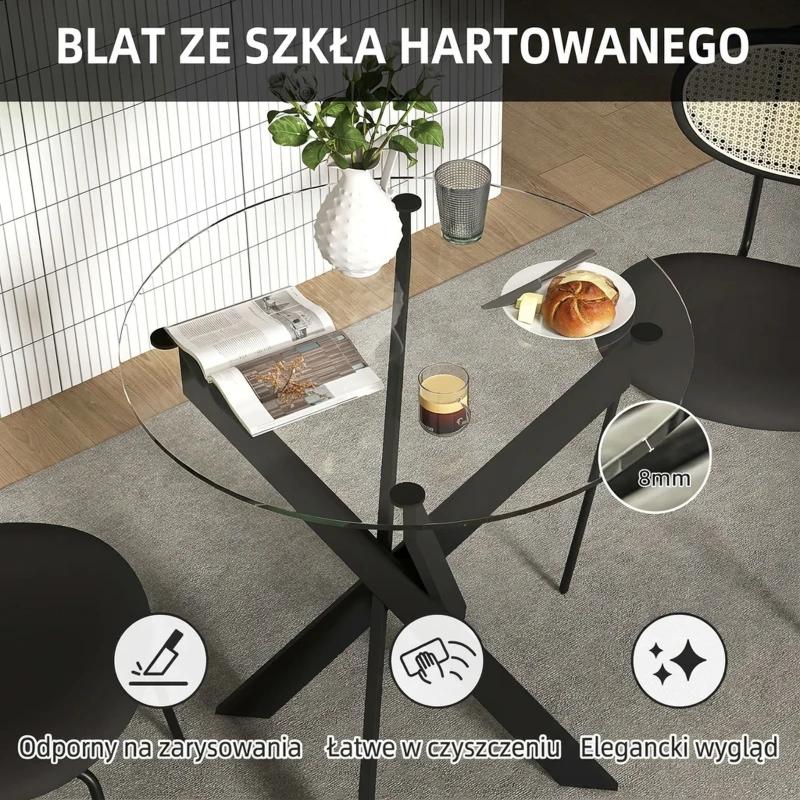 Stół okrągły do jadalni dla 4 osób, stalowe nogi, nowoczesny