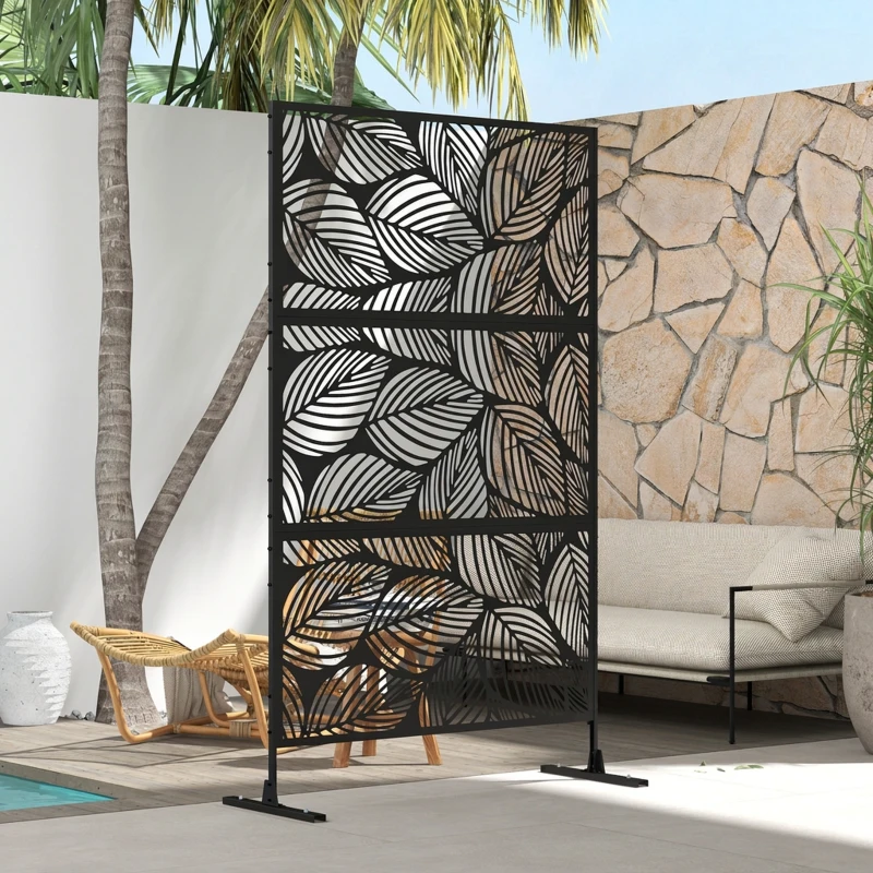 Outsunny Parawan Ogrodowy Metalowy z Motywem Floralnym, 122 x 45 x 198 cm, Czarny