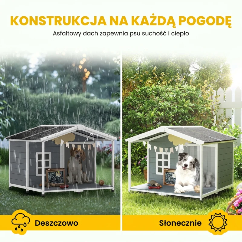 PawHut Buda dla psa wodoodporna z drewna, podwyższona podstawa, dach bitumiczny, taras, dla średnich psów 103x107x83,5 cm, szara