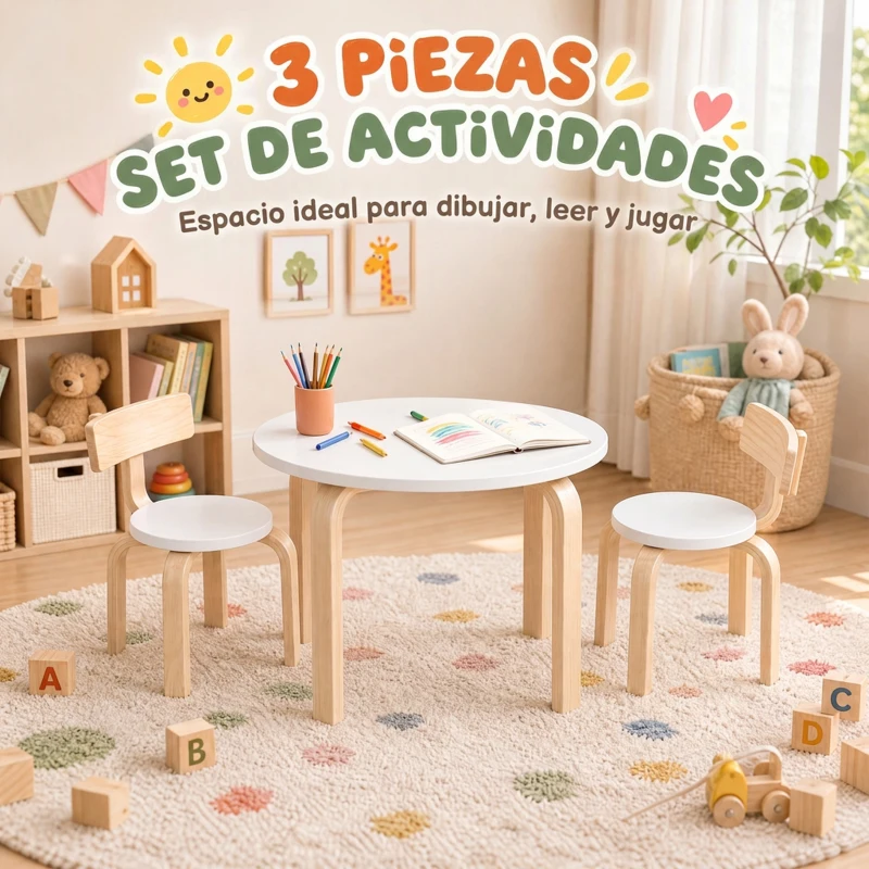 AIYAPLAY Mesa Infantil con 2 Sillas Apilables 3 Piezas Mesa Redonda Juego de Madera Niños 3-8 Años para Guardería Aulas Blanco