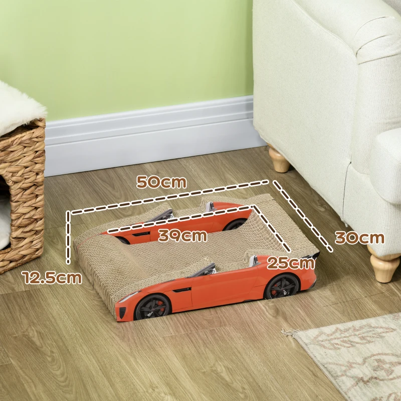 PawHut Cuccia per Gatti Tiragraffi a forma di Auto con Trattamento ad Erba Gatta, in Cartone Ondulato, 50x30x12.5 cm, Rosso