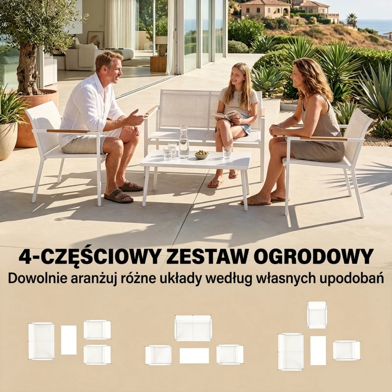 Outsunny Zestaw Mebli Ogrodowych dla 4 Osób Oddychający z 2-osobową Sofą, 2 Fotelami i Metalowym Stołem