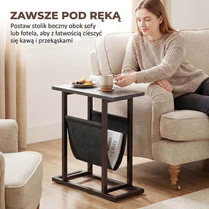 HOMCOM Stolik boczny z torbą z tkaniny, stolik kawowy ze stalową ramą, kompaktowy stolik nocny, czarny